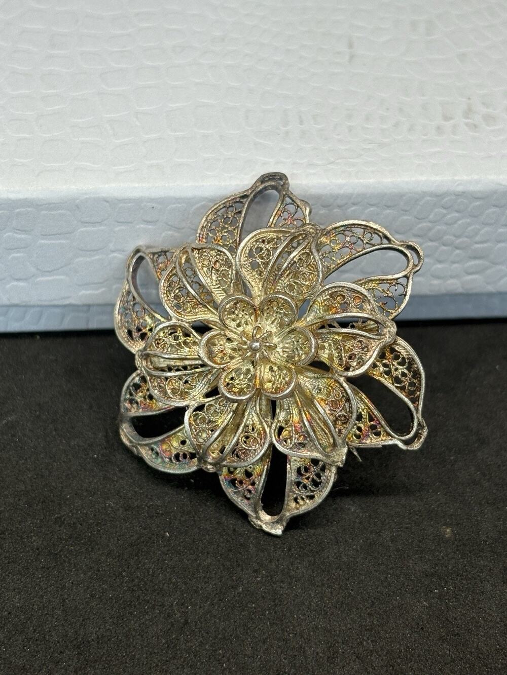 Vintage Sterling Silver Filigree Flower Brooch Layered Petals Cannetille